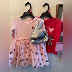 Valentine’s Day Pink Heart Dress and Red Heart Shirt  Silver Hershey's Bag Sz 2T